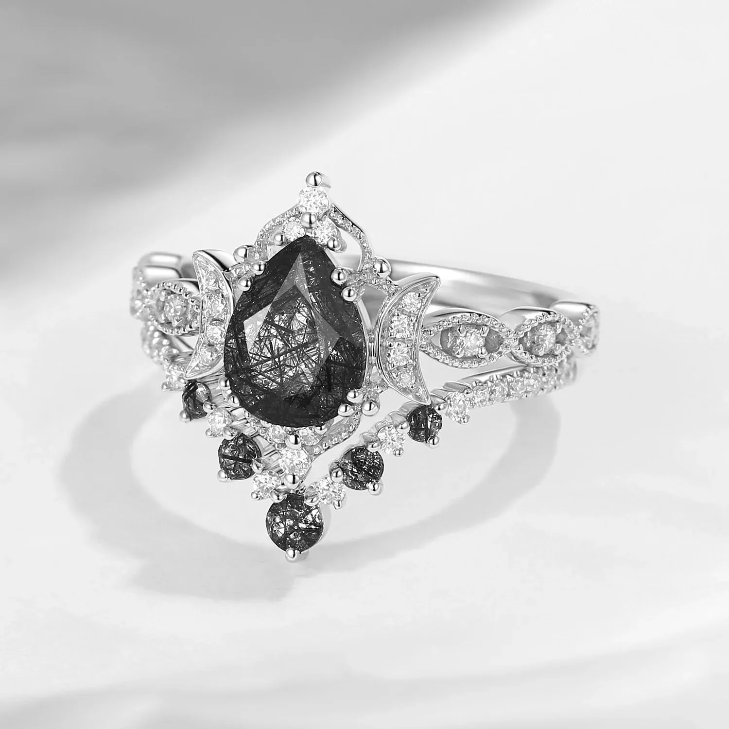 1 Carat Pear Shaped Gemstone Ring Set 2PCS Moon Gemstone Engagement Rings for Women S925 10K 14K 18K Gold Art Deco Gemstone Wedding Rings Set Bridal Set Promise Rings Birthday Christmas Gifts