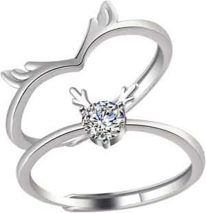 1 Pair Couples Matching Rings Adjustable Promise Engagement Ring Set Romantic Antler Style for Lover's Present