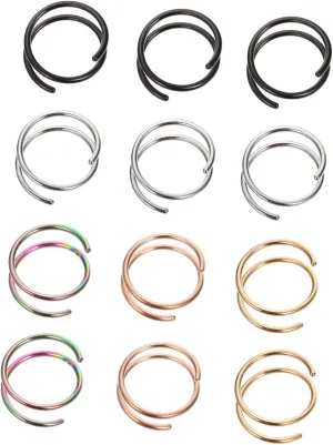 12Pcs Colorful Spiral Nose Rings Hoops Nose Piercings Lightweight Skin Friendly Jewelry for Parties Festivals and Everyday Wear