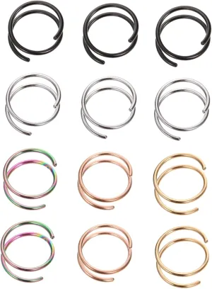 12Pcs Spiral Nose Hoops Rings Jewelry Colorful Piercing Hoops Comfortable Skin Friendly for All Ages Tightness Any Occasion