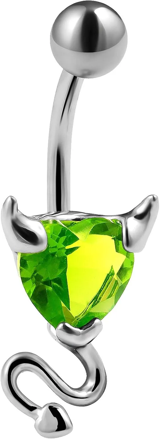 14g 3/8 Belly Button Navel Ring 316L Surgical Steel Bar Stud Heart Devil Cubic Zirconia CZ Crystal Piercing Jewelry