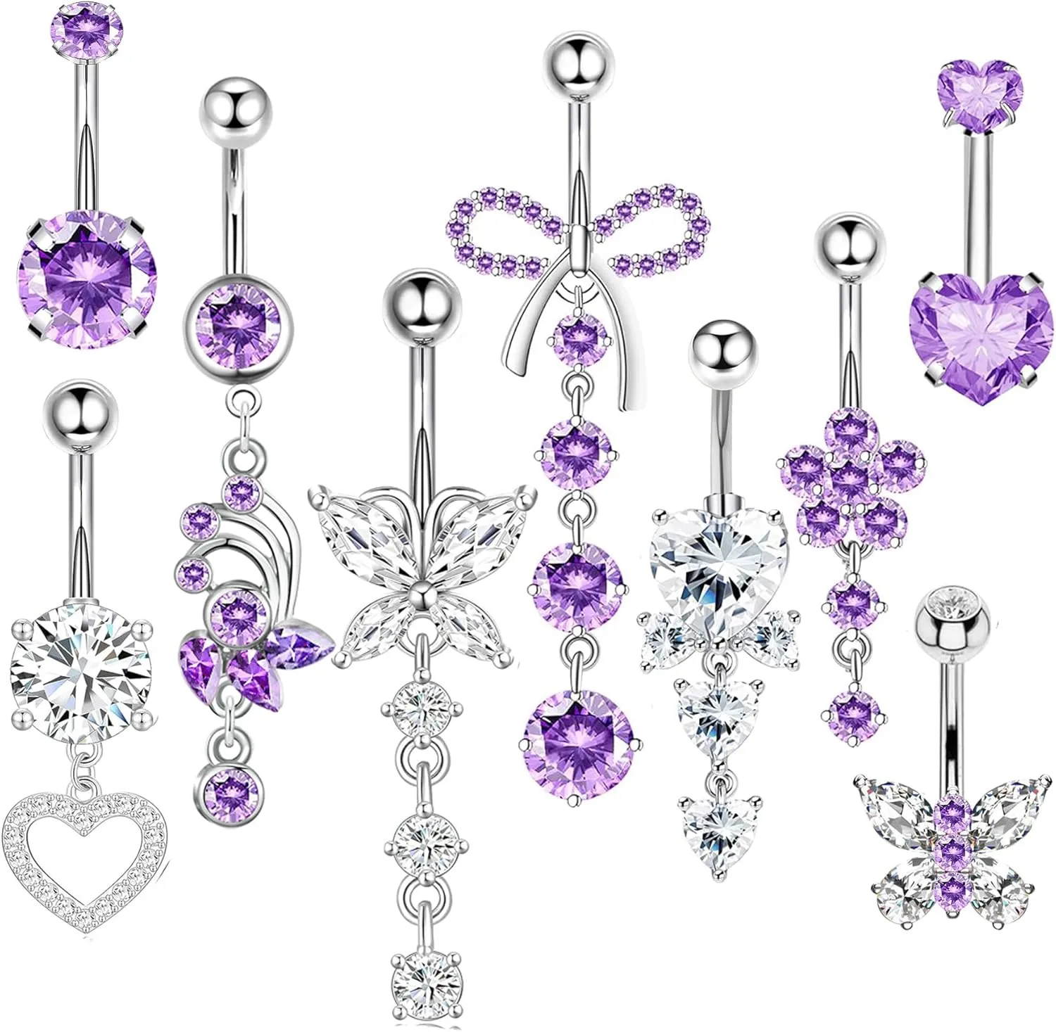 14G Belly Button ring Dangle Belly Rings Surgical Stainless Steel Cute Bow Butterfly Heart Flower Dangling Belly Button Piercing Jewelry For Women Silver Dainty Dangly Navel Ring