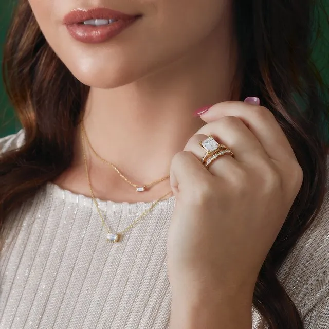 14K Gold Emerald Cut Gemstone 18" Necklaces
