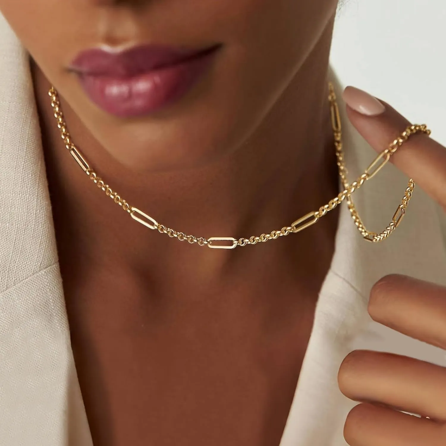 14k Gold Paperclip Rolo Necklace for Women,Dainty Gold Necklace,Gold Chain Choker Necklaces,Simple Gold Layered Necklaces,Gold Jewelry Gift for Women
