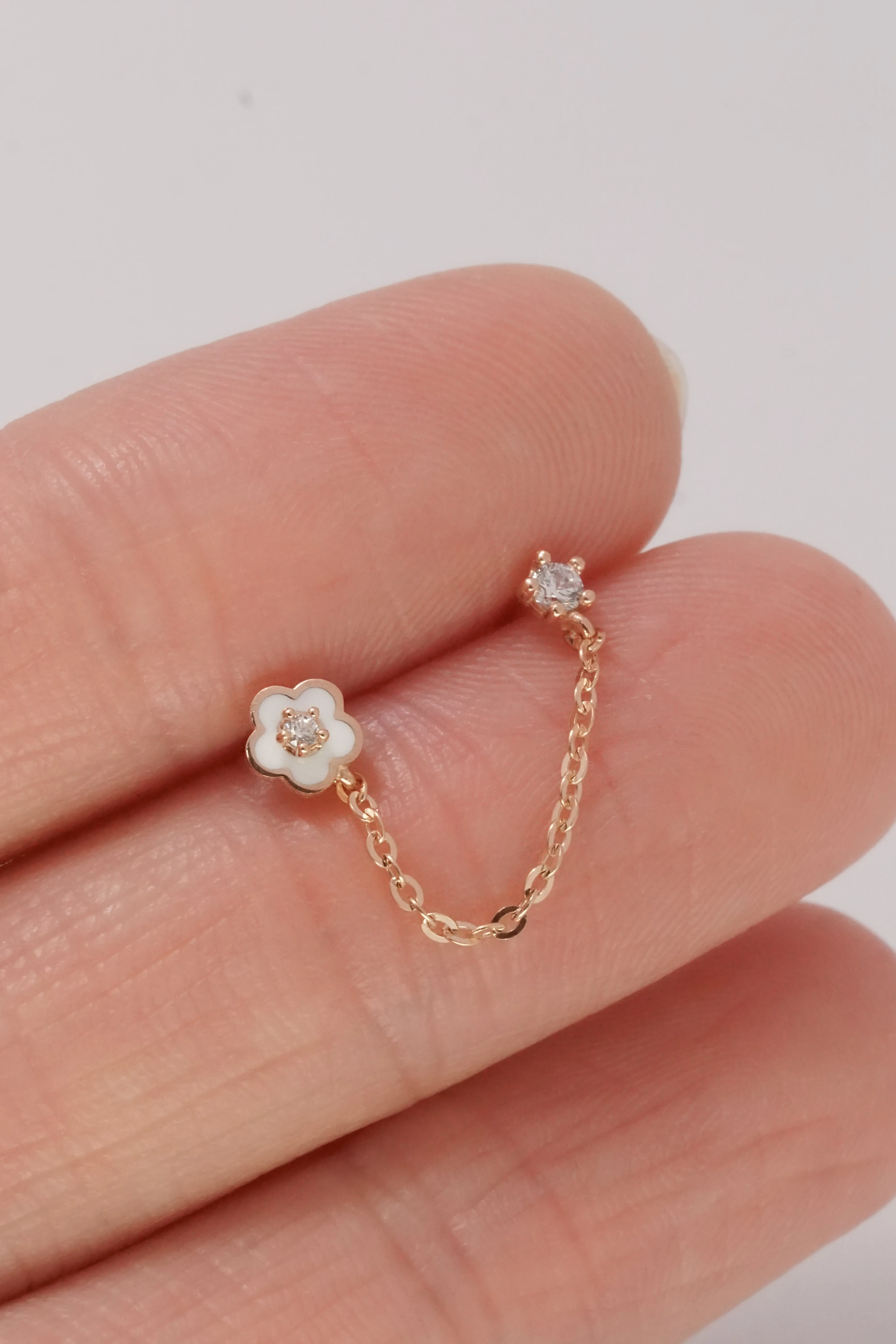14K Solid Rose Gold Stud Daisy Chain Linked Stud Earring