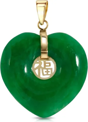14K Yellow Gold Genuine Jade Good Fortune Heart Pendant
