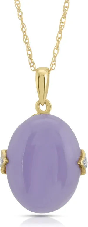 14K Yellow Gold Oval Real Jade Pendant Necklace with White Diamond Accent (Lavender Jade)