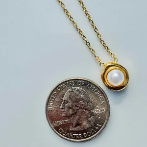 18K Yellow Gold Plated Stainless Steel Pearl Necklace With 15.5 inch Cuban Link Chain Charm Pendant Women's Jewlary Gift, Yellow, Gold, White