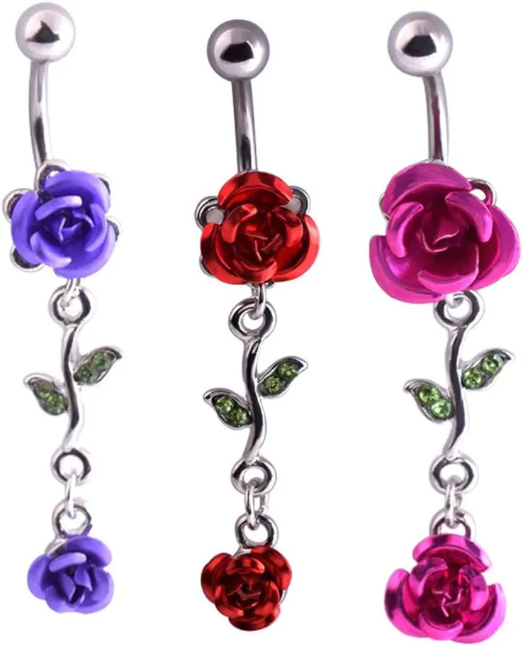 1Pc Belly Button Ring Women Dual Rose Flower Navel Ring Body Piercing Jewelry Gift Purple