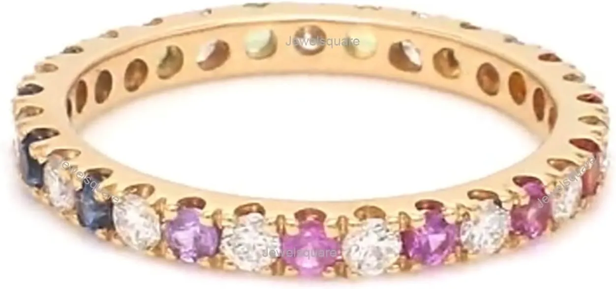 2 mm Rainbow Sapphire and Diamond Eternity Band Ring in 14k Gold | Natural Multi Sapphire Diamond Stackable Ombre Rainbow Alternating Stackable Ring