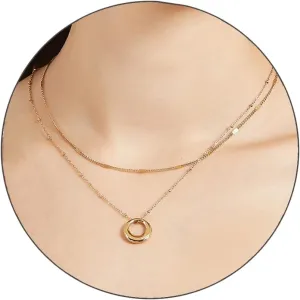 2 Pcs Layered Gold Necklaces for Women GirlsDainty Hollow Circle Pendant Necklace Simple Trendy Gold Stainless Steel Chocker Necklaces Holiday Jewelry Gifts