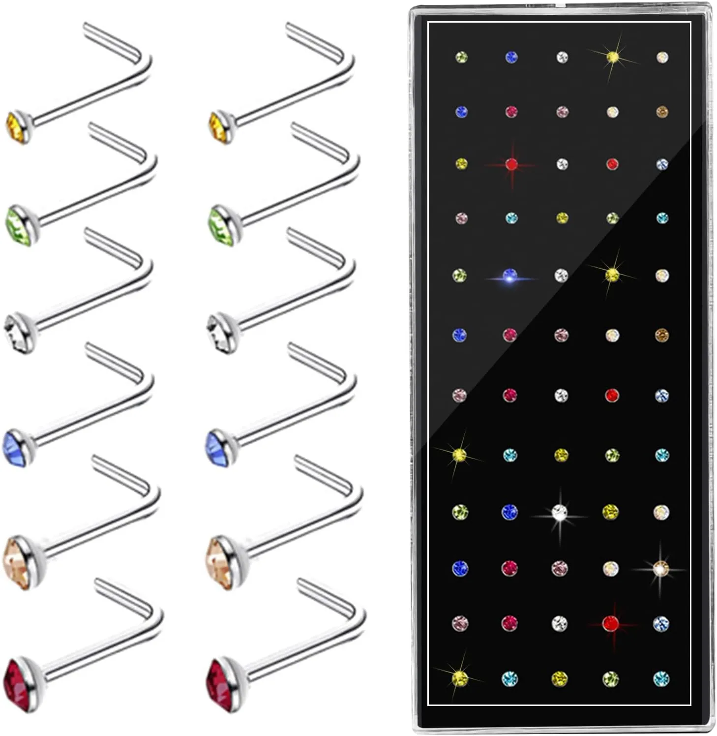 24-60pcs Nose Rings, Nose Studs, 18G-23G (1.5mm 1.8mm 2mm 2.5mm 3.0mm)