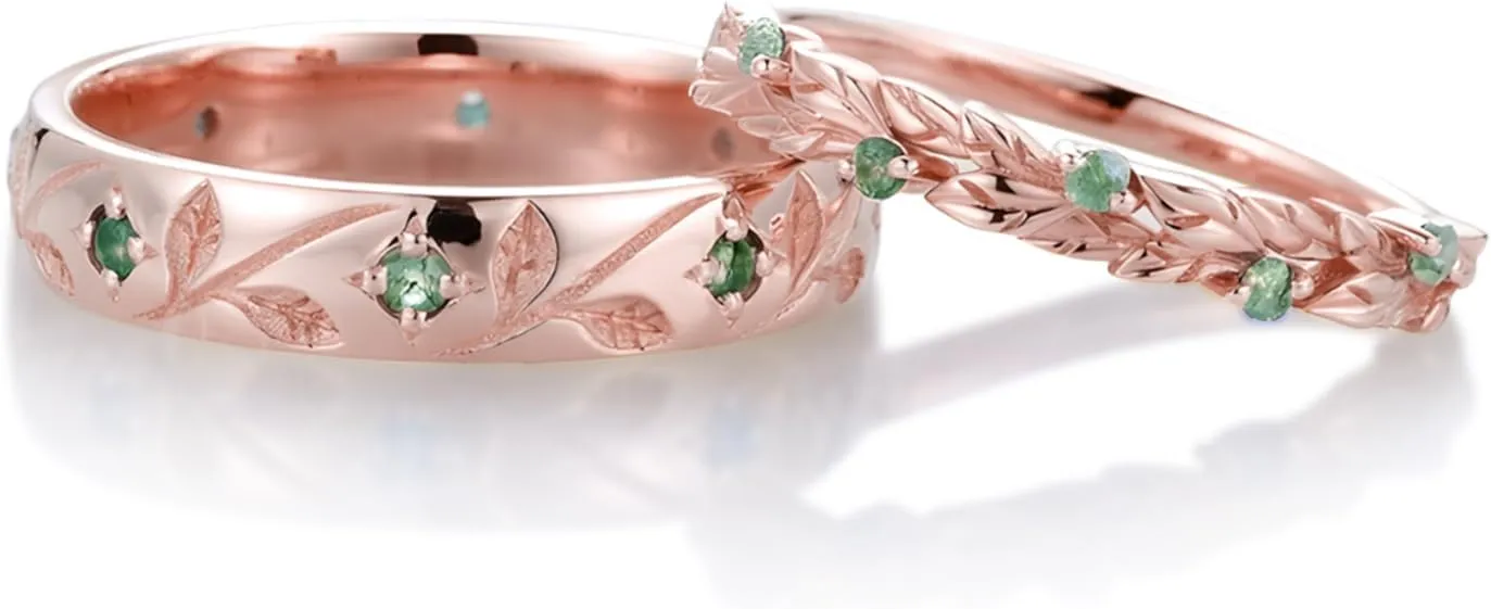 2pcs Leaf Couple Wedding Rings Sets, S925/10K/14K/18K Gold Vine Branch Engagement Rings Set for Man and Women, Customized His and Her Matching Promise Bands Free Engraving for Anniversary