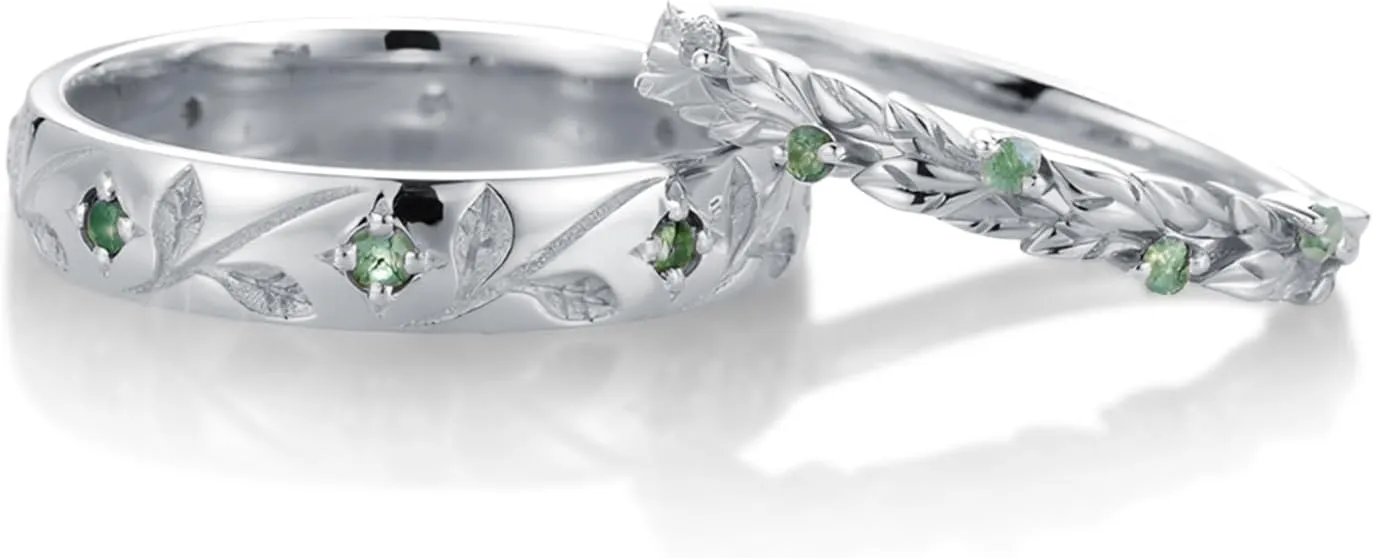 2pcs Leaf Couple Wedding Rings Sets, S925/10K/14K/18K Gold Vine Branch Engagement Rings Set for Man and Women, Customized His and Her Matching Promise Bands Free Engraving for Anniversary