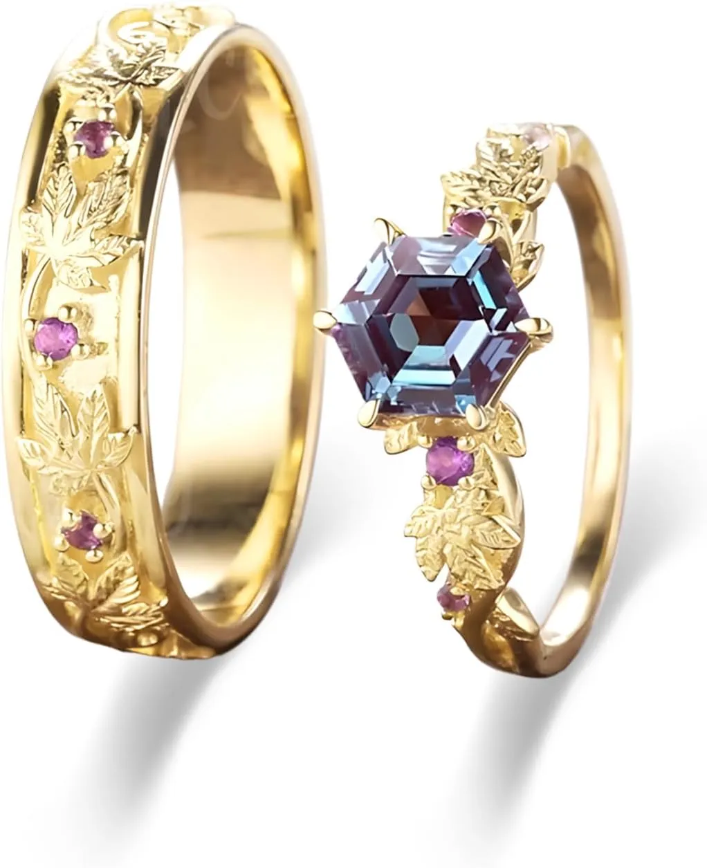 2pcs Leaf Couple Wedding Rings Sets, S925/10K/14K/18K Gold Vine Branch Engagement Rings Set for Man and Women, Customized His and Her Matching Promise Bands Free Engraving for Anniversary