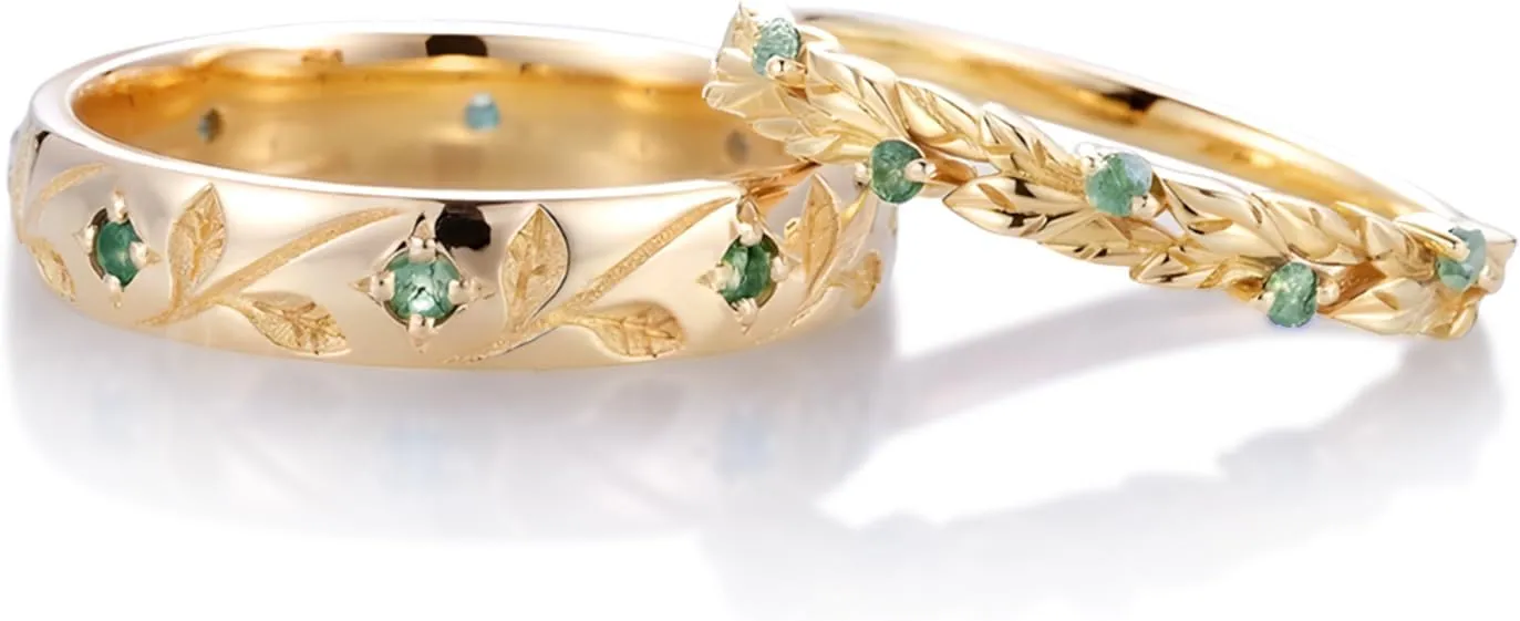 2pcs Leaf Couple Wedding Rings Sets, S925/10K/14K/18K Gold Vine Branch Engagement Rings Set for Man and Women, Customized His and Her Matching Promise Bands Free Engraving for Anniversary