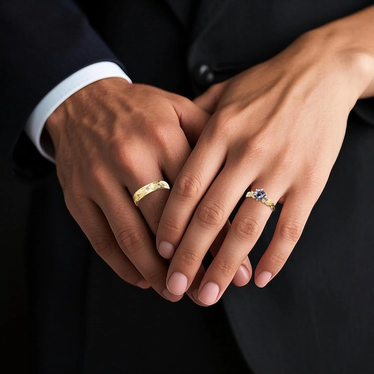 2pcs Leaf Couple Wedding Rings Sets, S925/10K/14K/18K Gold Vine Branch Engagement Rings Set for Man and Women, Customized His and Her Matching Promise Bands Free Engraving for Anniversary