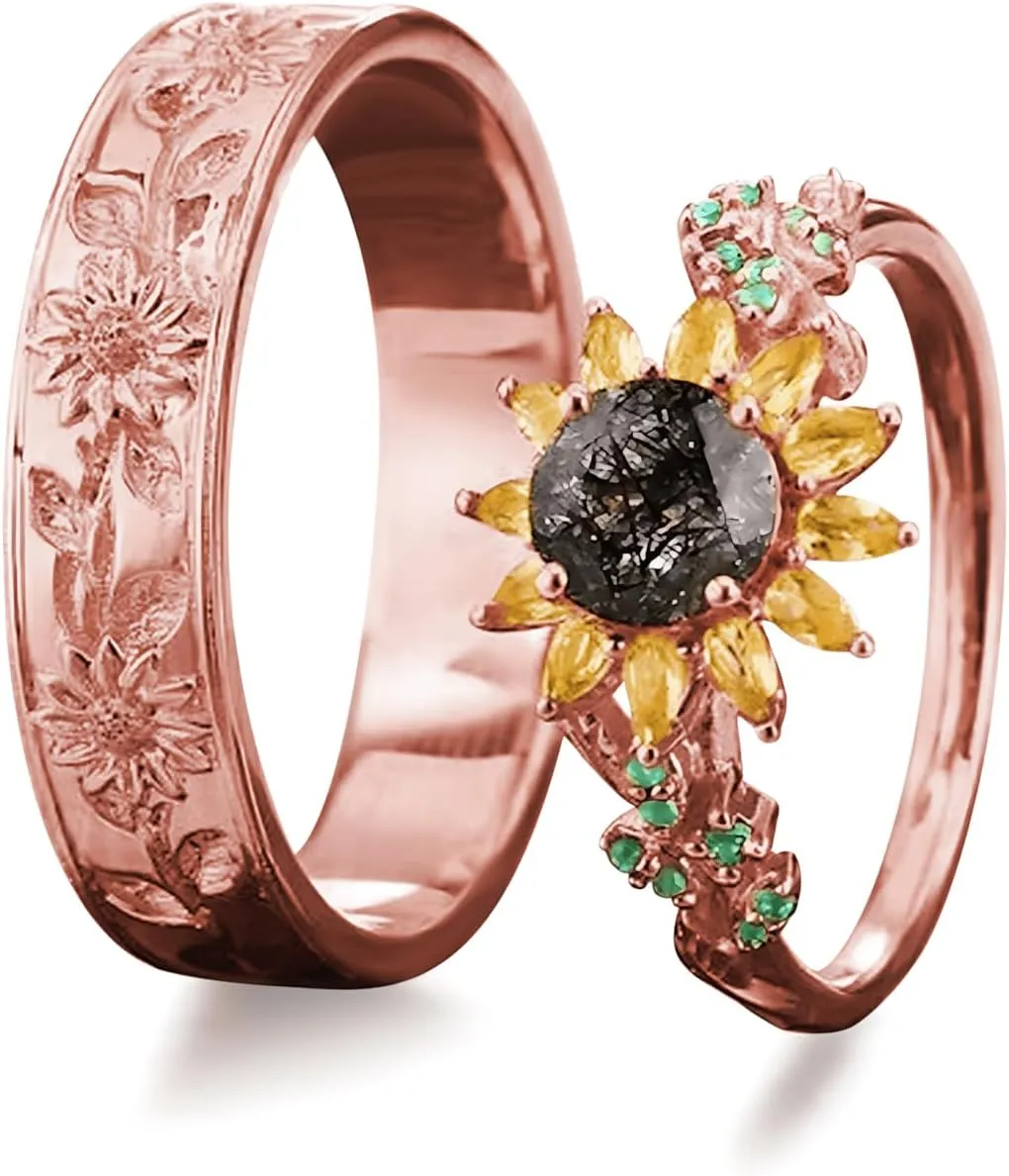 2Pcs Sunflower Couples Wedding Rings Set, S925 10K 14K 18K Gold Engagement Rings for Men and Women, Customized His and Her Matching Leaf Wedding Bands Set for Anniversary Valentine's Day