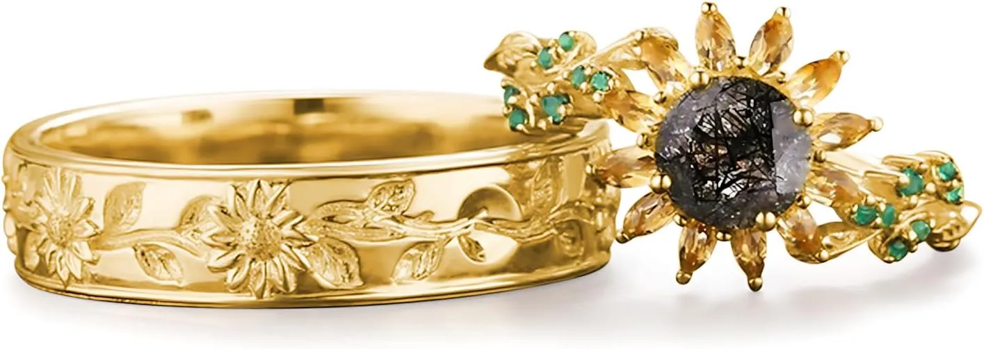 2Pcs Sunflower Couples Wedding Rings Set, S925 10K 14K 18K Gold Engagement Rings for Men and Women, Customized His and Her Matching Leaf Wedding Bands Set for Anniversary Valentine's Day