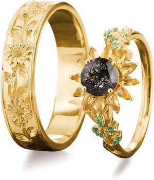 2Pcs Sunflower Couples Wedding Rings Set, S925 10K 14K 18K Gold Engagement Rings for Men and Women, Customized His and Her Matching Leaf Wedding Bands Set for Anniversary Valentine's Day