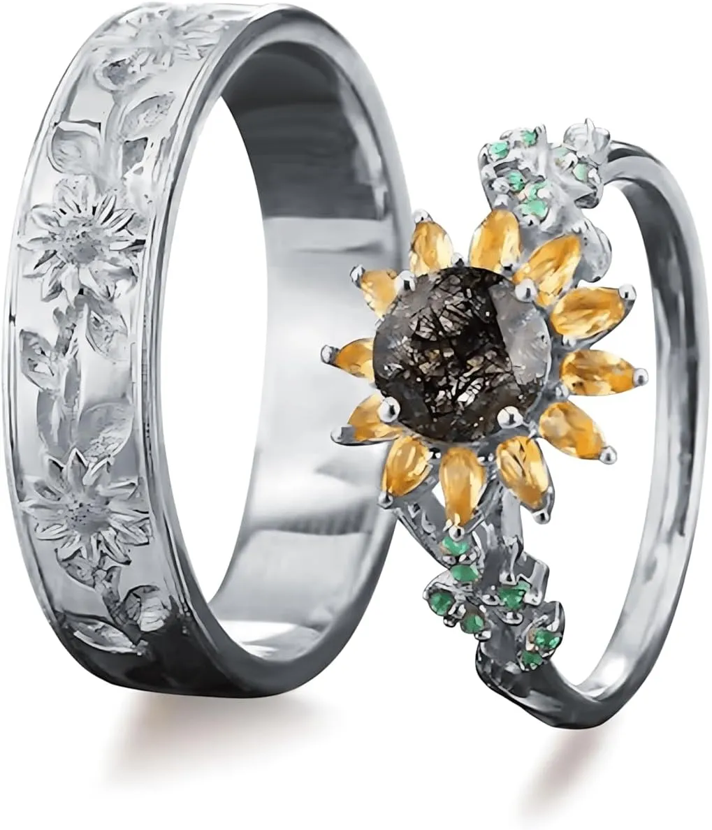2Pcs Sunflower Couples Wedding Rings Set, S925 10K 14K 18K Gold Engagement Rings for Men and Women, Customized His and Her Matching Leaf Wedding Bands Set for Anniversary Valentine's Day