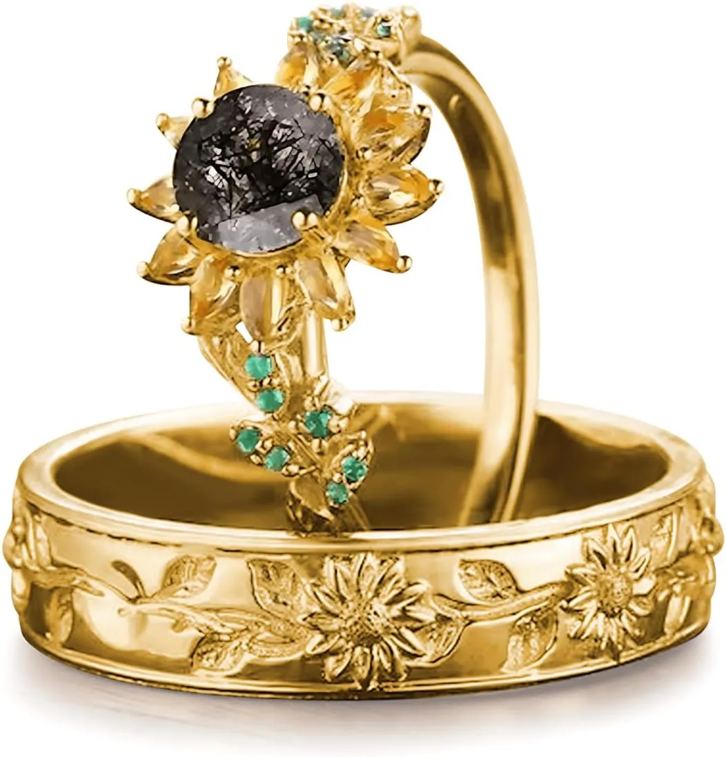 2Pcs Sunflower Couples Wedding Rings Set, S925 10K 14K 18K Gold Engagement Rings for Men and Women, Customized His and Her Matching Leaf Wedding Bands Set for Anniversary Valentine's Day