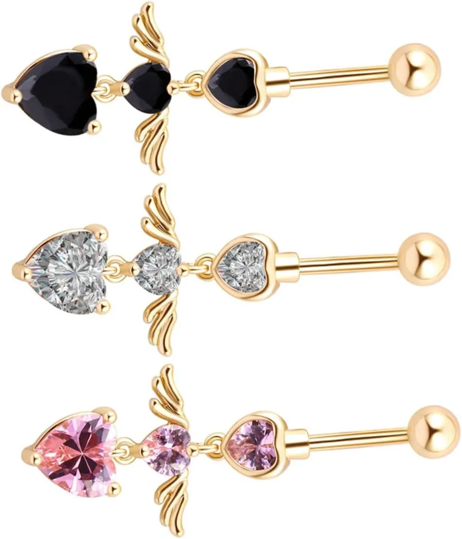 3 Pack Heart Wing Navel Piercing Jewelry Stainless Steel Belly Button Rings for Women