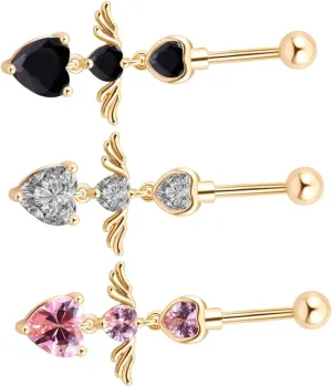 3 Pack Heart Wing Navel Piercing Jewelry Stainless Steel Belly Button Rings for Women