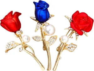 3Pcs Crystal Pearl Rose Flower Brooch for Women Elegant Enamel Rhinestone Floral Brooches Pin Fashion Jewelry for Women Girl Wedding Party Valentines Gift