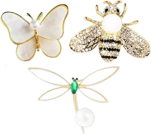 3Pcs Insect Brooch Pin for Women Butterfly Bee Pin Set Pearl Crystal Pin Tiny Trendy Dragonfly Brooch Hat Dress Bag Decoration Pin Elegant Jewelry