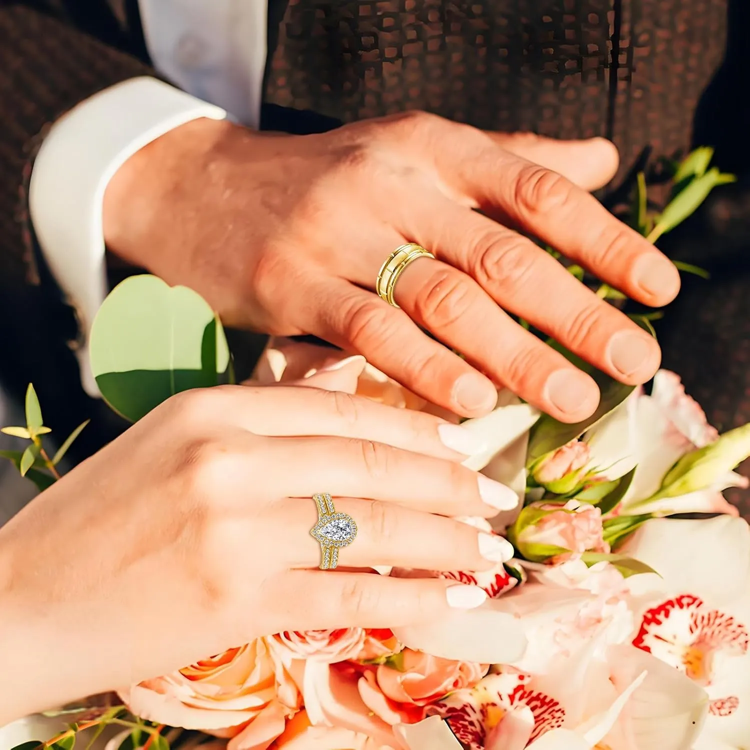 3Pcs Moissanite Couples Wedding Rings Sets, s925 10K 14K 18K Gold Couple Rings Sets, Customized Matching Wedding Bands Set for Men and Women Free Engraving