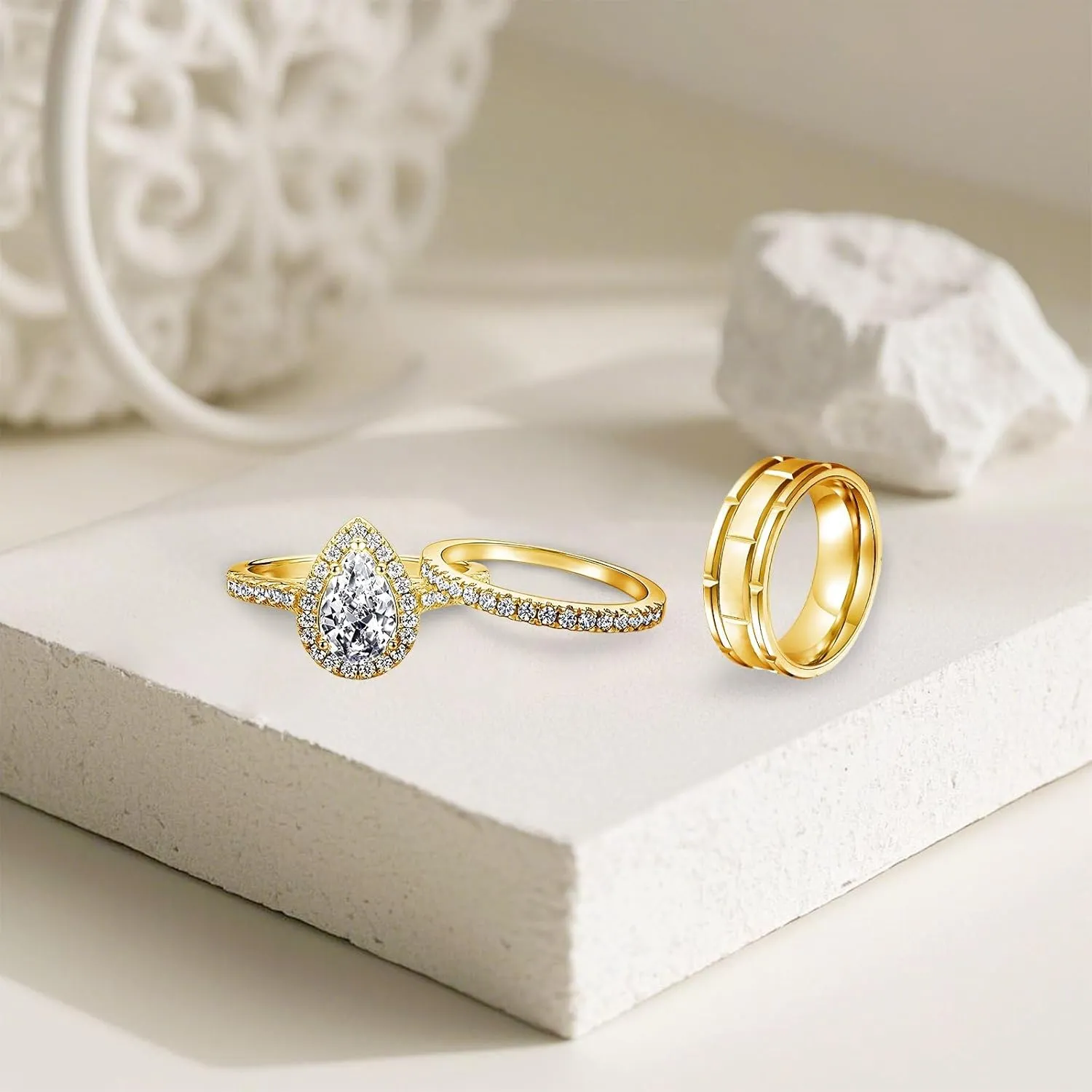 3Pcs Moissanite Couples Wedding Rings Sets, s925 10K 14K 18K Gold Couple Rings Sets, Customized Matching Wedding Bands Set for Men and Women Free Engraving
