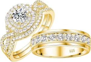 3Pcs Moissanite Couples Wedding Rings Sets, s925 10K 14K 18K Gold Couple Rings Sets, Customized Matching Wedding Bands Set for Men and Women Free Engraving