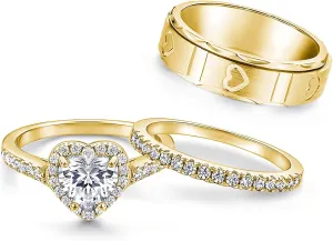 3Pcs Moissanite Couples Wedding Rings Sets, s925 10K 14K 18K Gold Couple Rings Sets, Customized Matching Wedding Bands Set for Men and Women Free Engraving