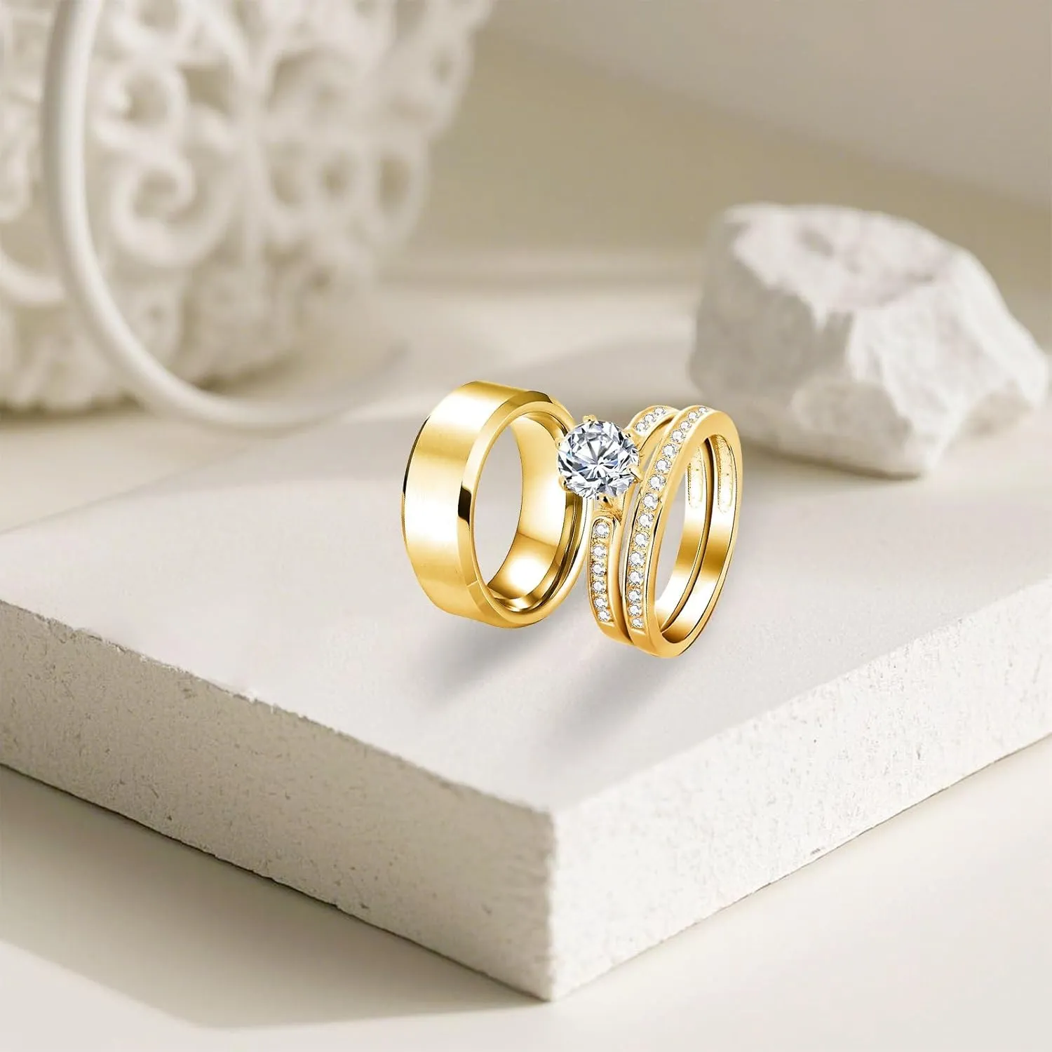 3Pcs Moissanite Couples Wedding Rings Sets, s925 10K 14K 18K Gold Couple Rings Sets, Customized Matching Wedding Bands Set for Men and Women Free Engraving