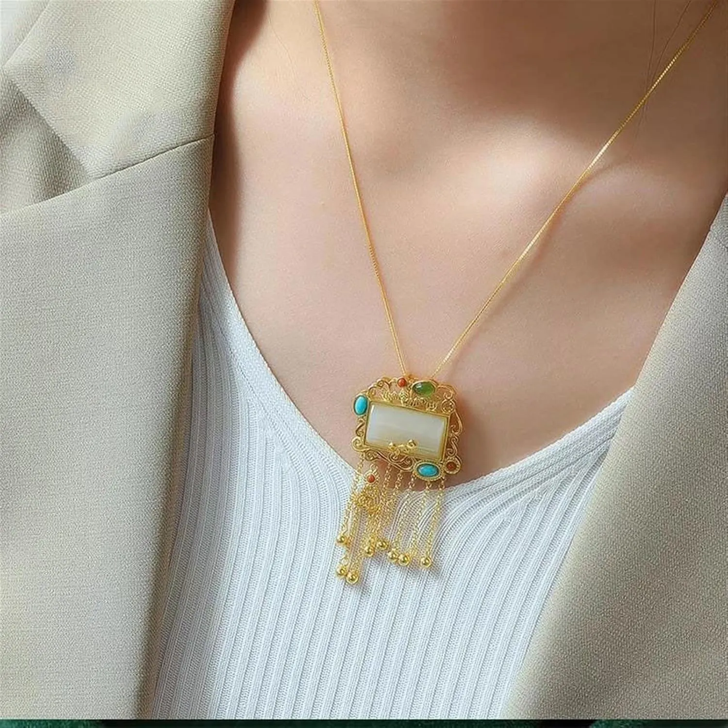 45CM Natural Hetian White Jade Geometric Tassel Pendant Necklace Chinese Retro National Style Luxury Charm Women's Silver Jewelry