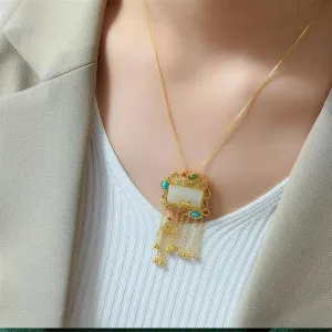 45CM Natural Hetian White Jade Geometric Tassel Pendant Necklace Chinese Retro National Style Luxury Charm Women's Silver Jewelry