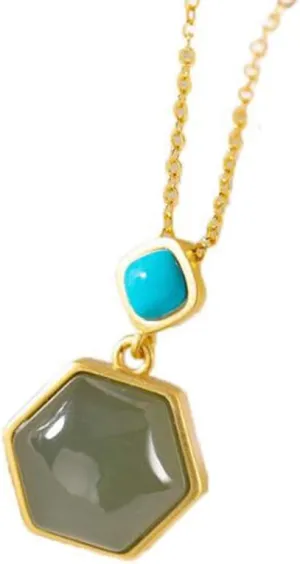925 Silver Gold Plated Hetian Jade Sapphire Geometric Lady Pendant Necklace