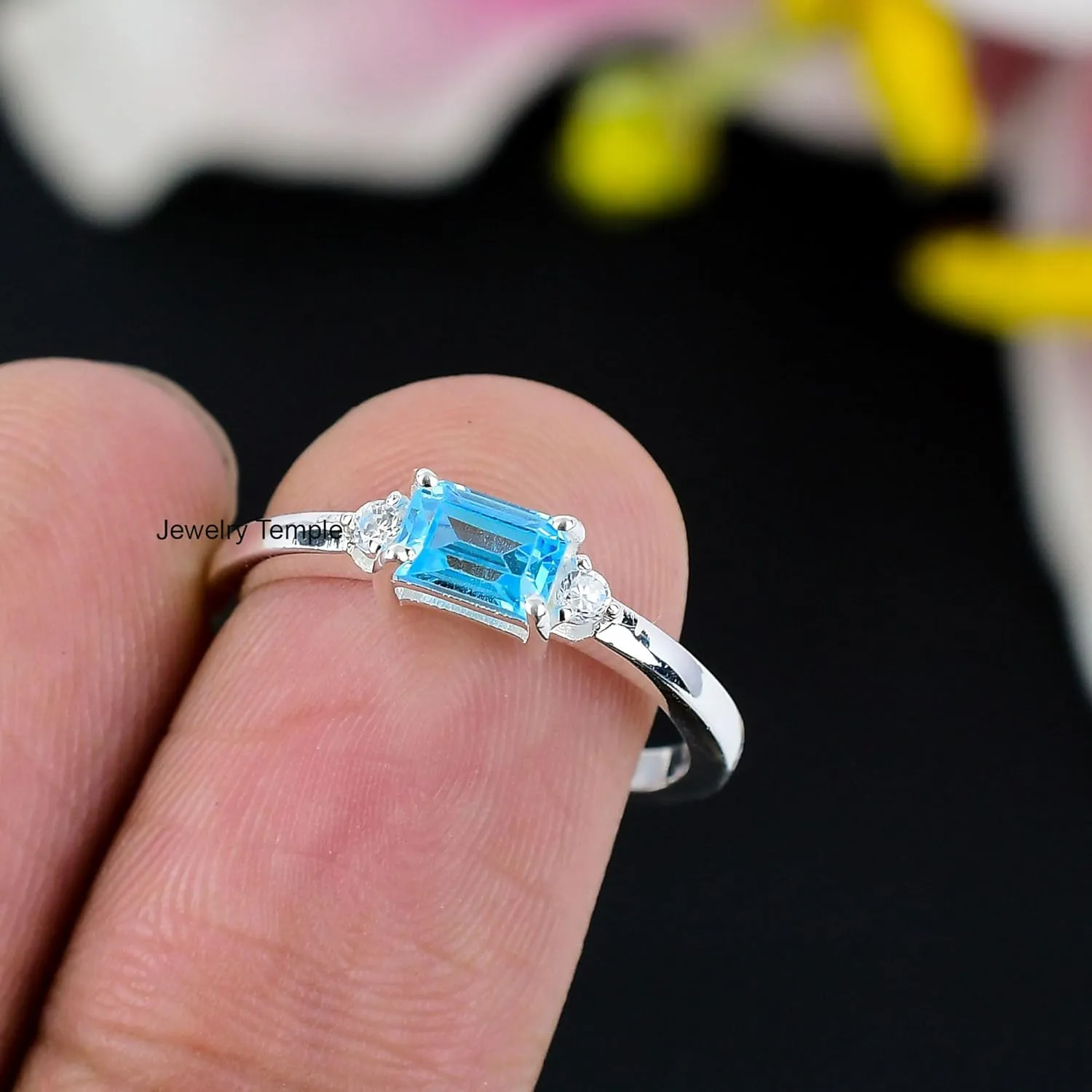 925 Solid Silver Band | Blue Topaz Gemstone Stacking Stackable Statement Rings For Men & Women | Midi Radiant Ring | Best Gifts For Christmas (925 Silver, 7)