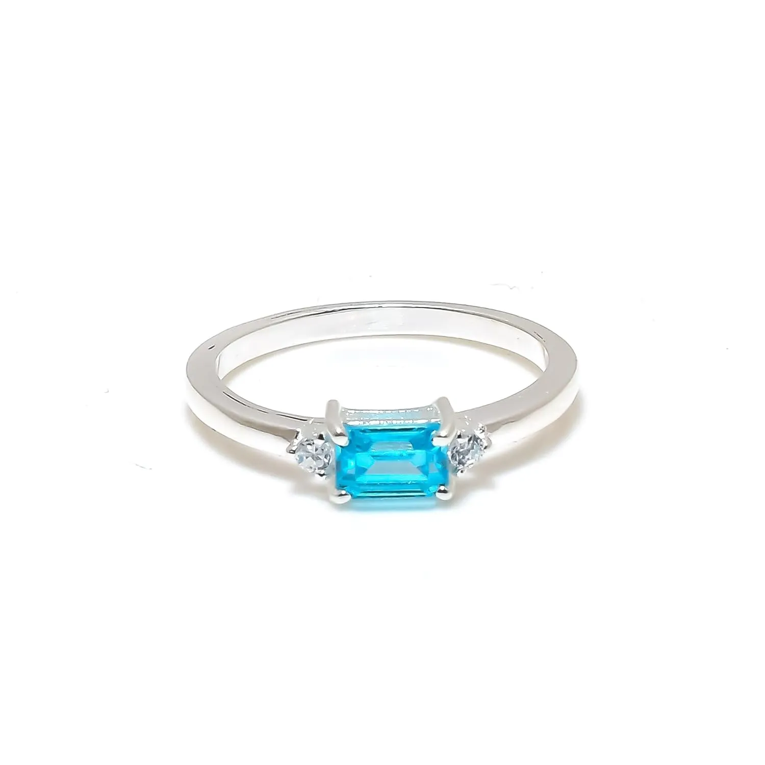 925 Solid Silver Band | Blue Topaz Gemstone Stacking Stackable Statement Rings For Men & Women | Midi Radiant Ring | Best Gifts For Christmas (925 Silver, 7)