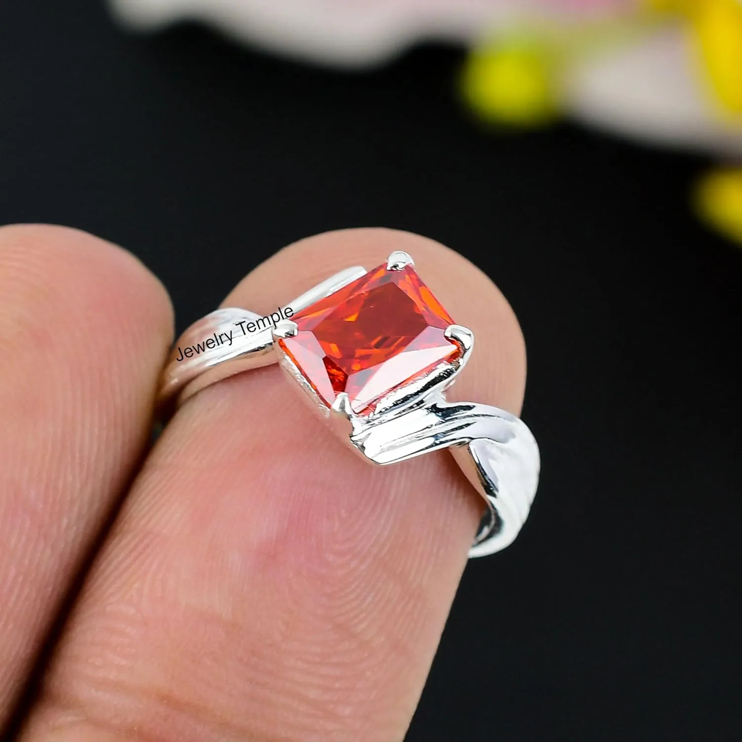 925 Solid Silver Band | Orange Topaz Gemstone Stacking Stackable Ring For Men & Women | Statement Prong Rings | Best Gift For Christmas (925 Silver, 9)
