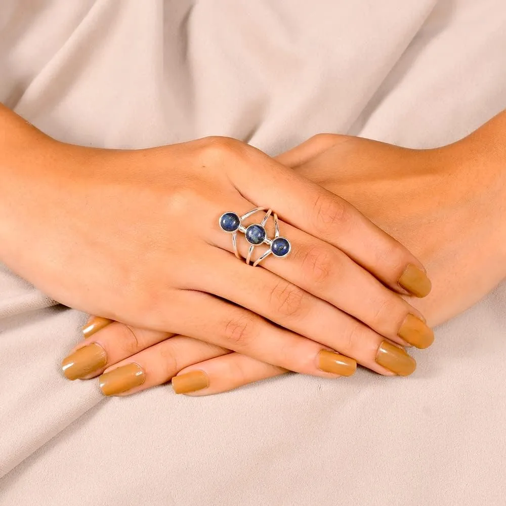925 Sterling Silver Adjustable Ring - Round Shape 3 Gemstones Handmade Ring for Women, Statement Jewelry for Gift