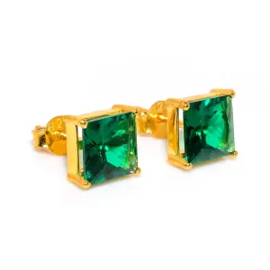925 Sterling Silver Earrings for Girls Emerald Gemstone Stud for Woman Ear cuff 7x7 mm (Yellow Gold Plated)