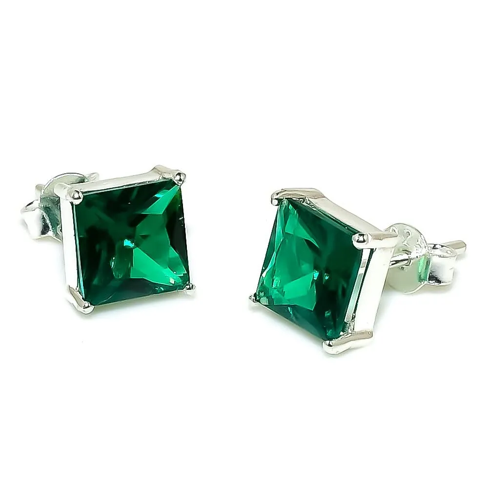 925 Sterling Silver Earrings for Girls Emerald Gemstone Stud for Woman Ear cuff 7x7 mm (Yellow Gold Plated)