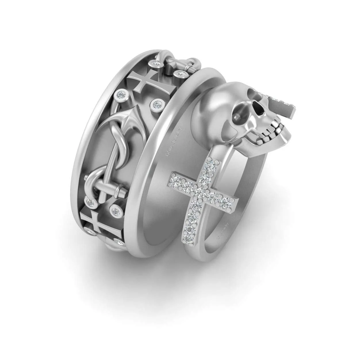 925 Sterling Silver Holy Cross and Skull Engagement Ring Wedding Band Set Nautical Anchor and Cross Matching Couple Rings