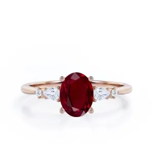 925 Sterling Silver Solitaire Ruby Classic Five Stone 0.6 carat Oval Lab-Created Ruby and Diamond Engagement Ring in Rose Gold - Valentine's Day, Birthday - Personalize Name Engraving Gifts for Her