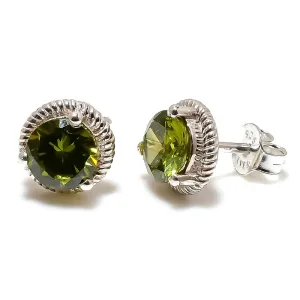 925 Sterling Silver Studs for Girls Peridot Gemstone Earrings for Woman Ear cuff 8 mm (Silver)