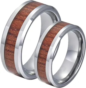 Aienid Matching Rings Sets Wedding Bands Tungsten Carbide 8MM Silver Wooden Ring Beveled Edge