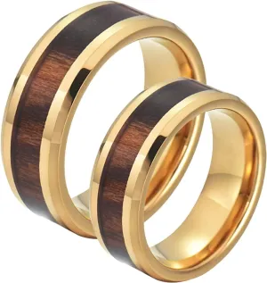 Aienid Men's Wedding Ring Male Wedding Band Tungsten 8MM Gold Wooden Ring Beveled Edge