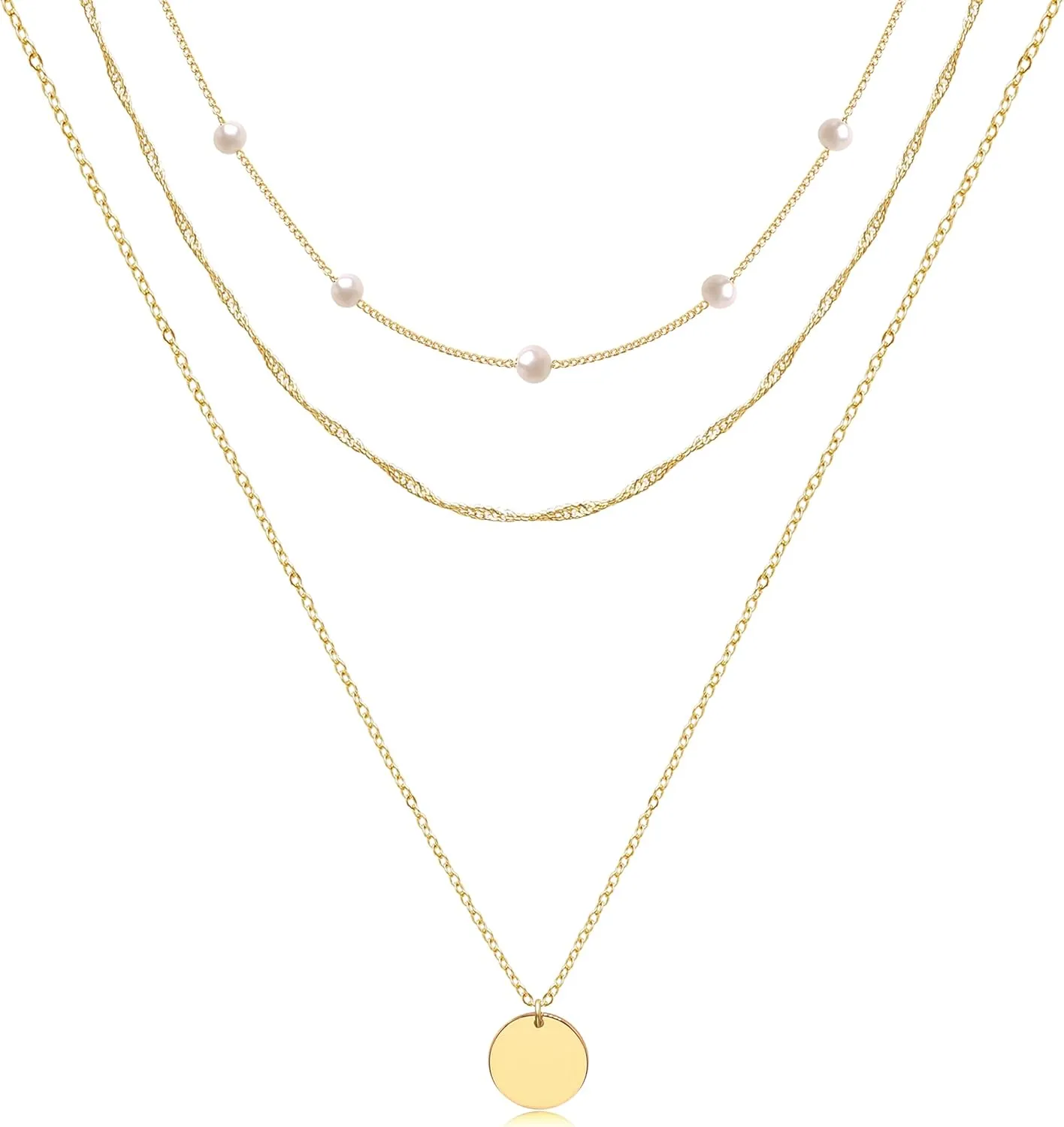 Aisansty Dainty Layered Choker Necklaces Handmade Coin Tube Star Pearl Pendant Multilayer Adjustable Layering Chain Gold Plated Necklaces Set for Women